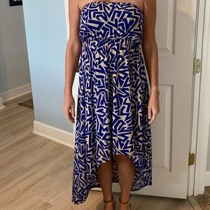 Asymmetrical blue and tan, sleeveless dress